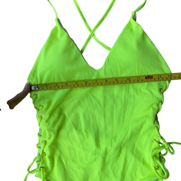 Neon Green One Piece Swimsuit L Lace Up Side Cutout Crisscross Back Bathing Suit - Picture 5 of 7